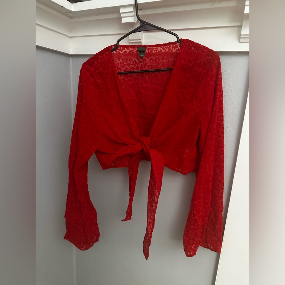 Wild Fable Velvet Red Floral Cropped Top Tie with Flare Sleeves Size L